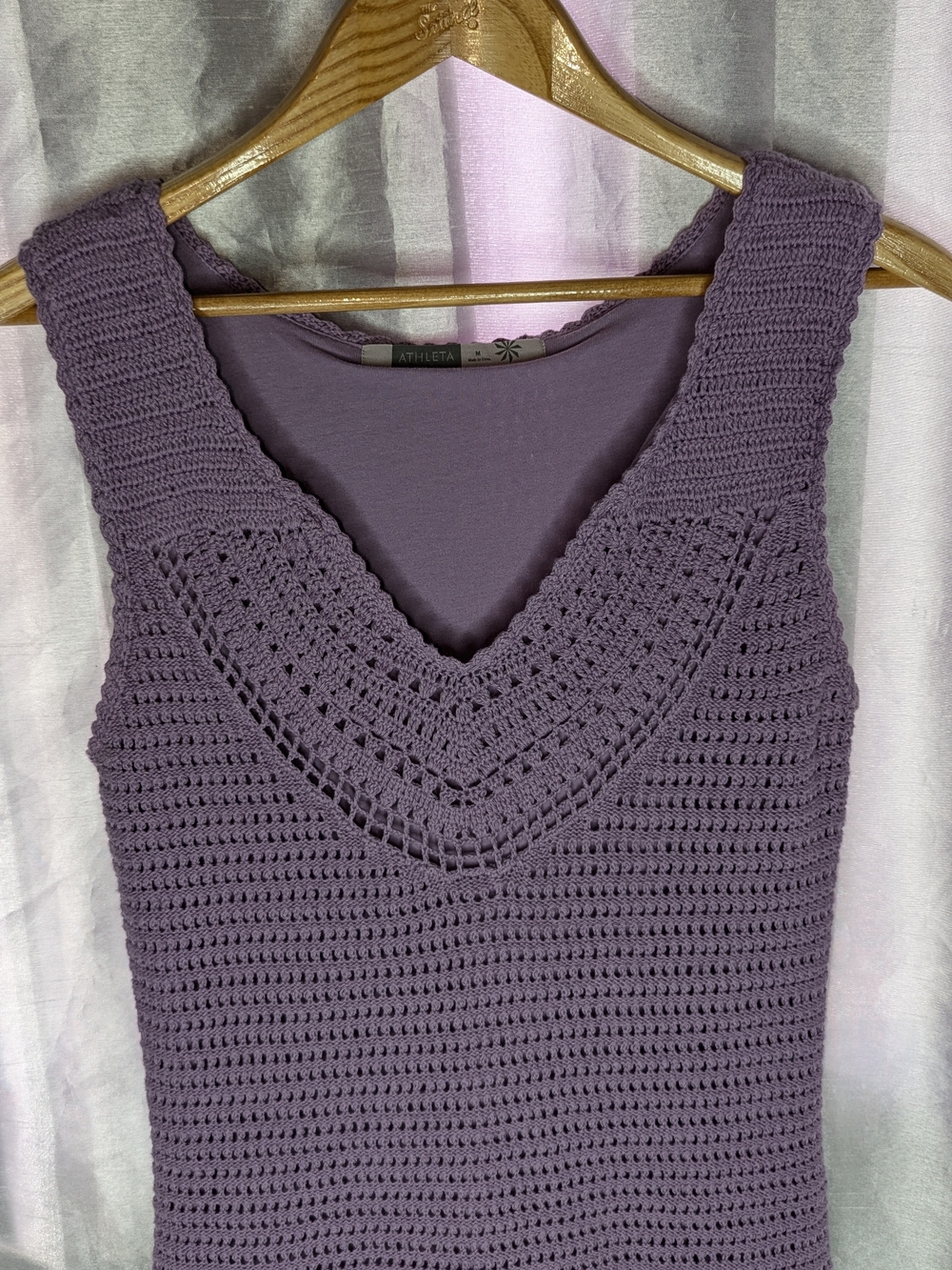 Athleta Women's Purple Crochet Cotton V-Neck Sleeveless Lined Shift Dress M